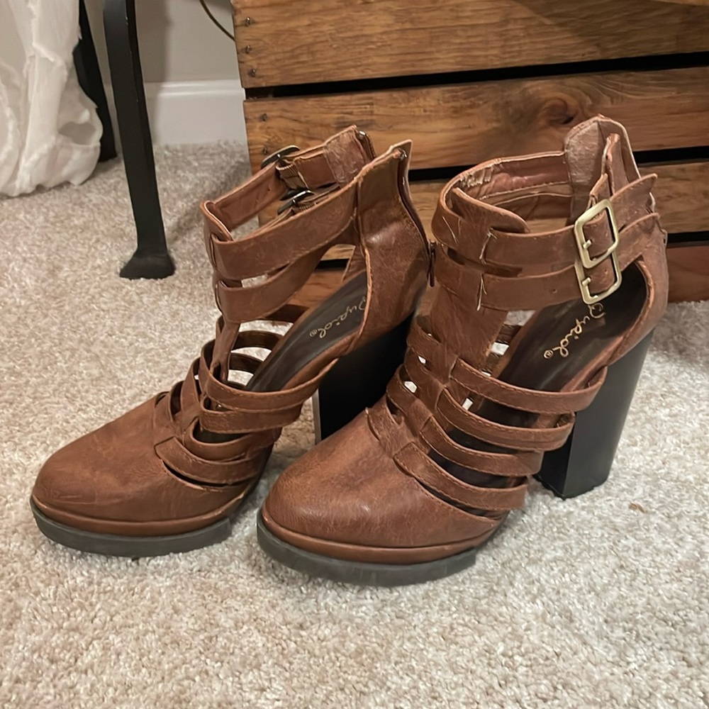 Brown zip up heels